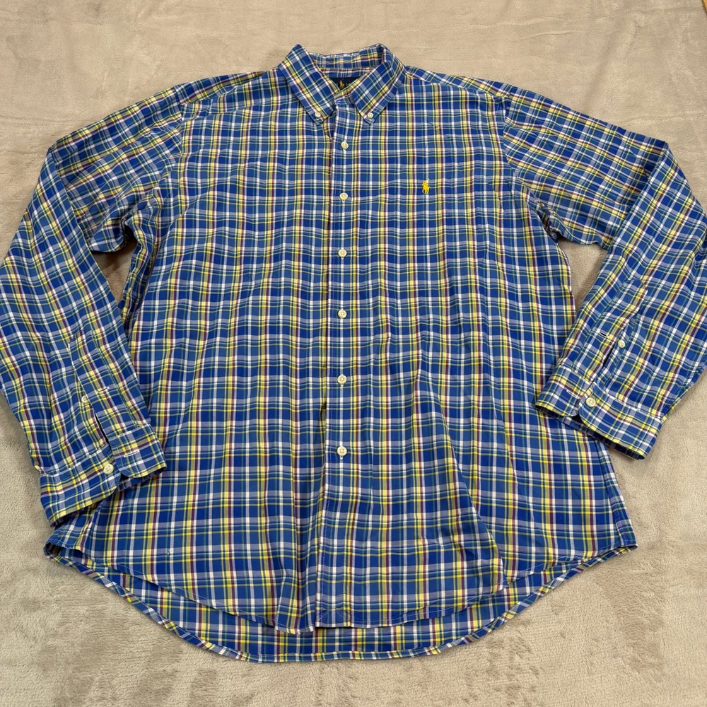 Ralph Lauren Mens Large Custom Fit Plaid Button Down Shirt Blue Yellow L/S EUC